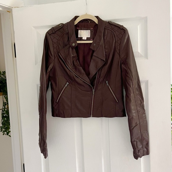 Xhilaration Dark Brown Faux Leather Cropped Moto Jacket Size Small - Picture 1 of 7